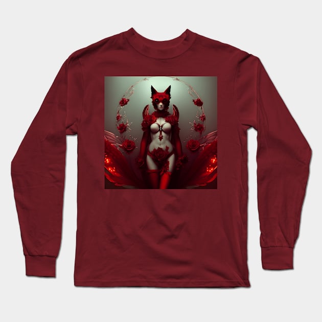 Red Floral Fox Vixen in Lingerie with Roses Long Sleeve T-Shirt by Christine aka stine1